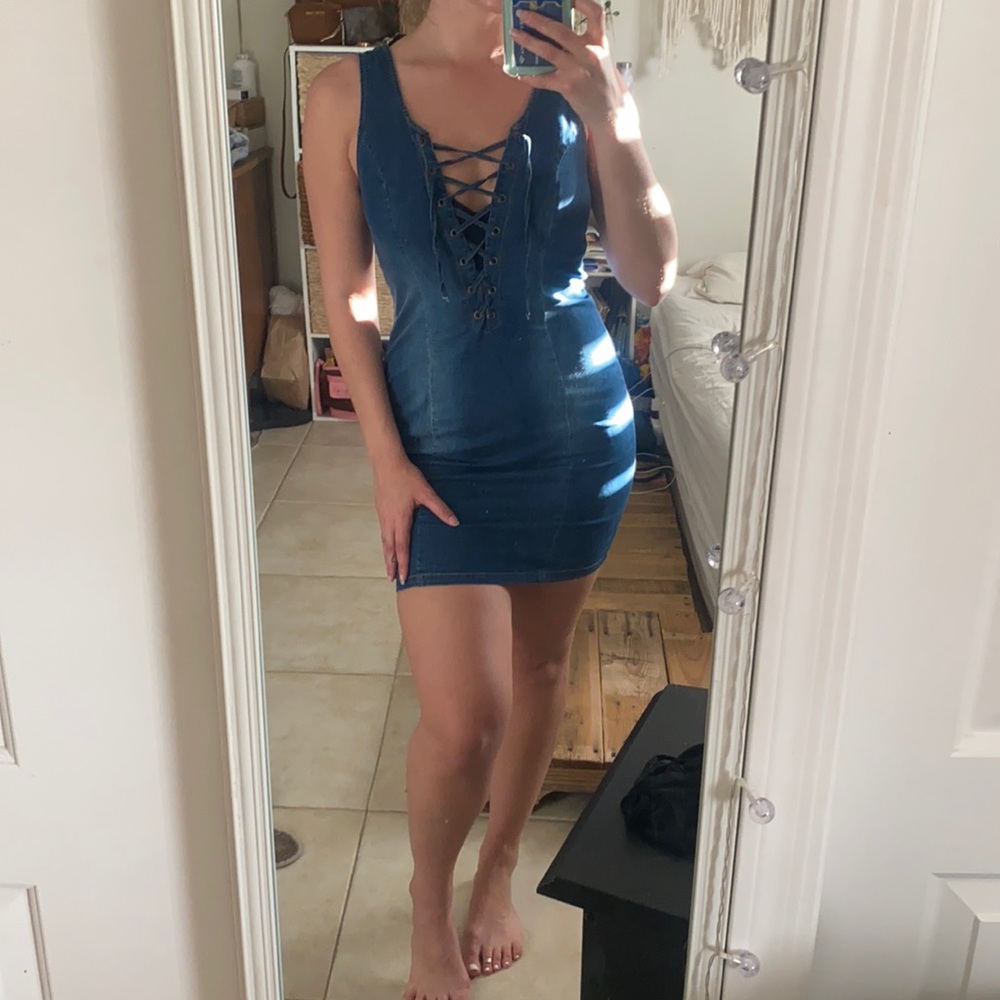 Laced up denim jean mini bodycon dress